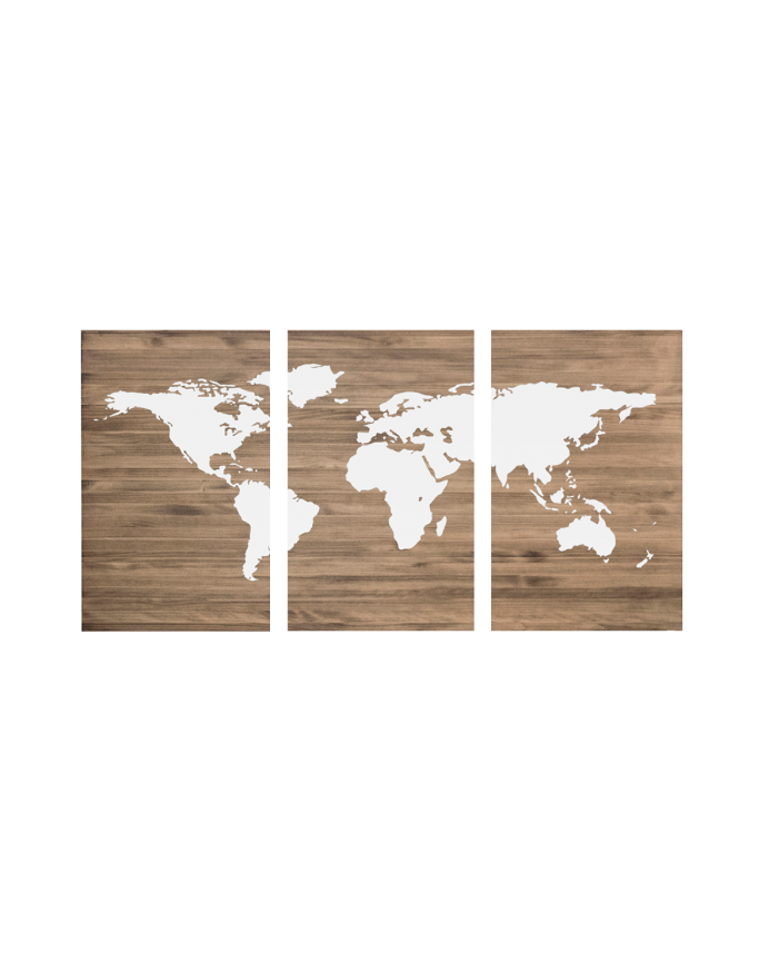 Testata del letto trittico in legno massello con stampa motivo 'Mappa del mondo bianco' in tono di rovere scuro di varie misure