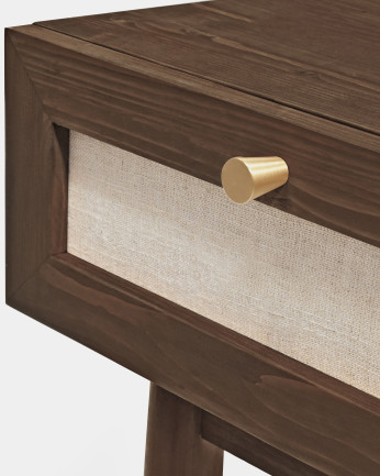 Tavolino con cassetto in legno massello e tessuto di lino colore noce di 45x40cm