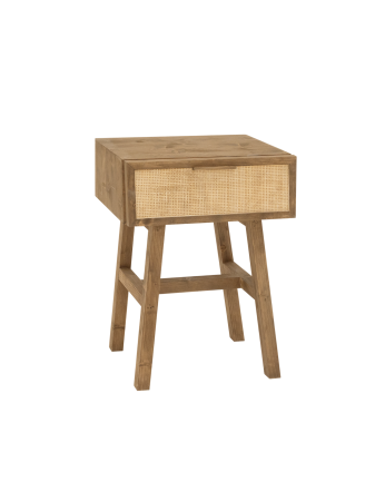 Tavolino in legno massello con un cassetto e tessuto in midollo di rattan in tonalità di rovere scuro di 57,7x45cm.