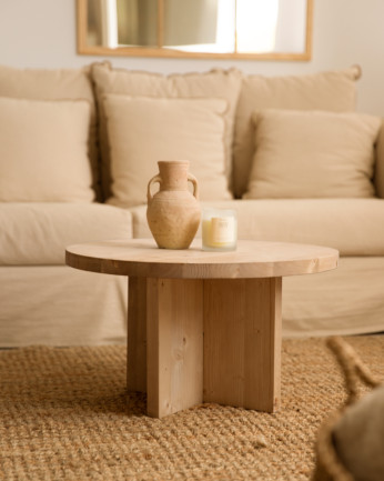 Tavolo da caffè rotondo in legno massello con finitura rovere medio di varie dimensioni