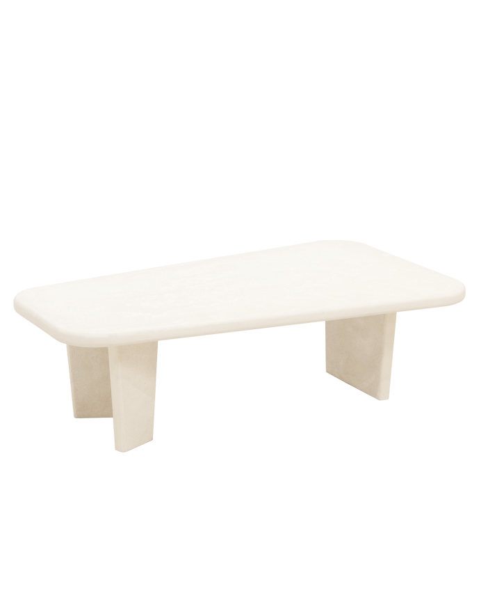 Tavolo da centro in microcemento con tre gambe in tonalità di bianco rovinato di 100cm.