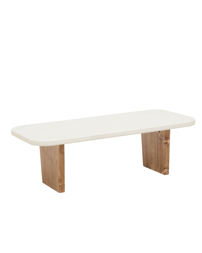 Tavolo basso in microcemento con due gambe in legno tonalità rovere scuro di 95cm