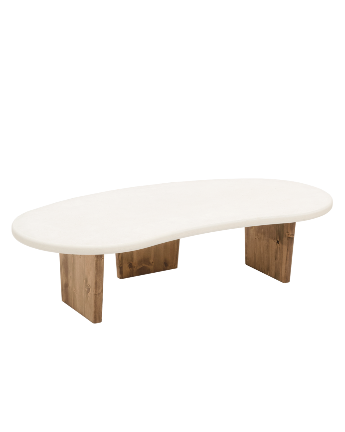 Tavolo da centro in microcemento di forme organiche con tre gambe in legno di rovere scuro di 120cm