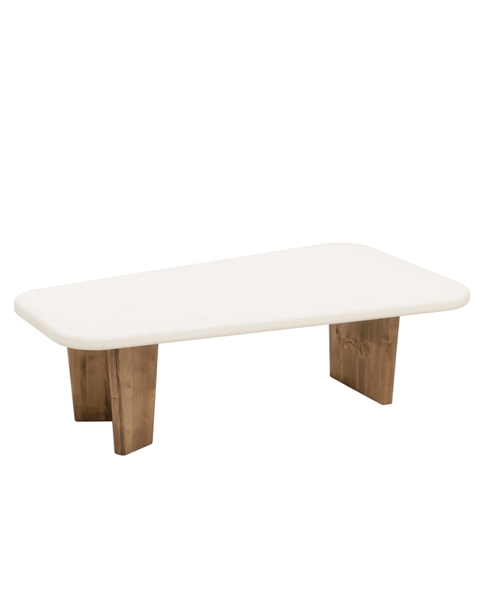 Tavolo da centro in microcemento con tre gambe in legno di rovere scuro di 100cm