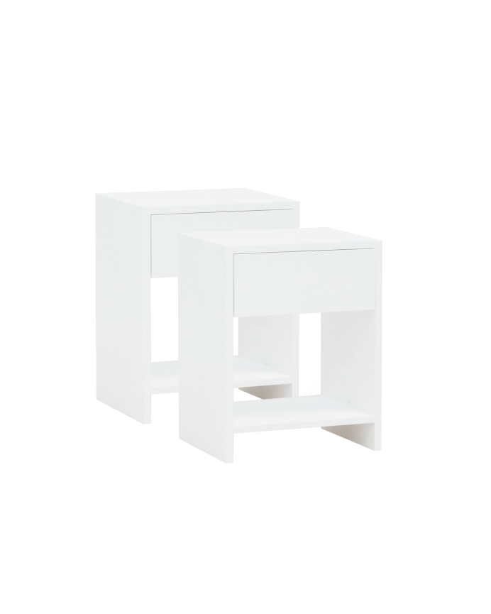 Pacchetto di 2 comodini in legno massello con un cassetto in tono bianco di varie misure