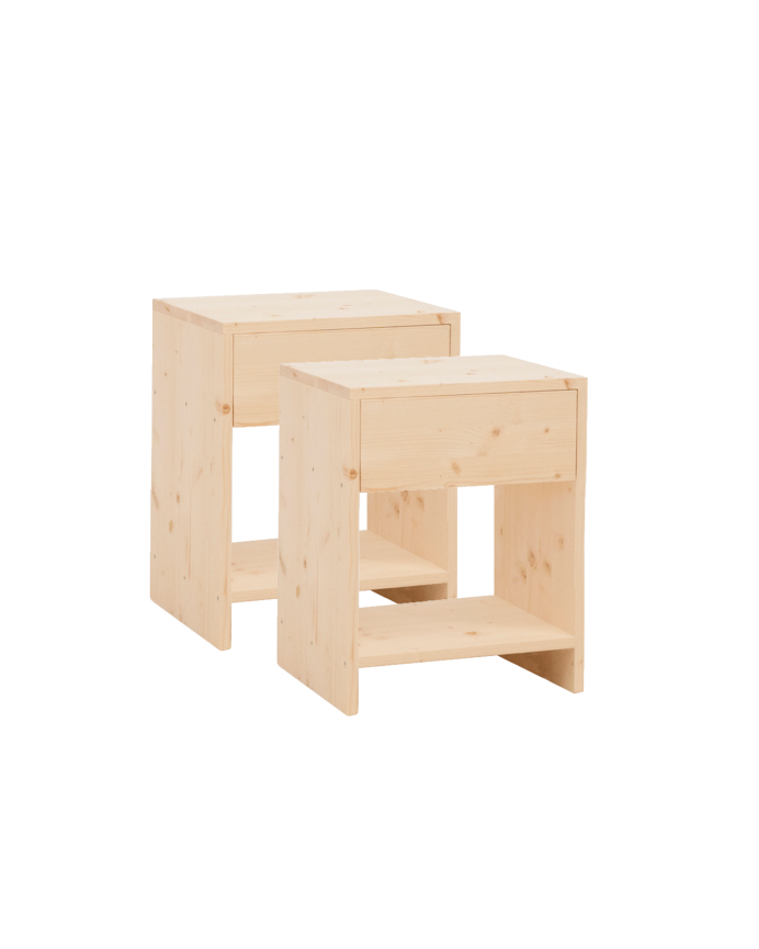 Pacchetto di 2 comodini in legno massello con un cassetto in tonalità naturale di varie dimensioni