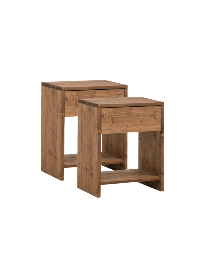 Pacchetto di 2 tavolini in legno massello con un cassetto in tonalità di rovere scuro di varie dimensioni
