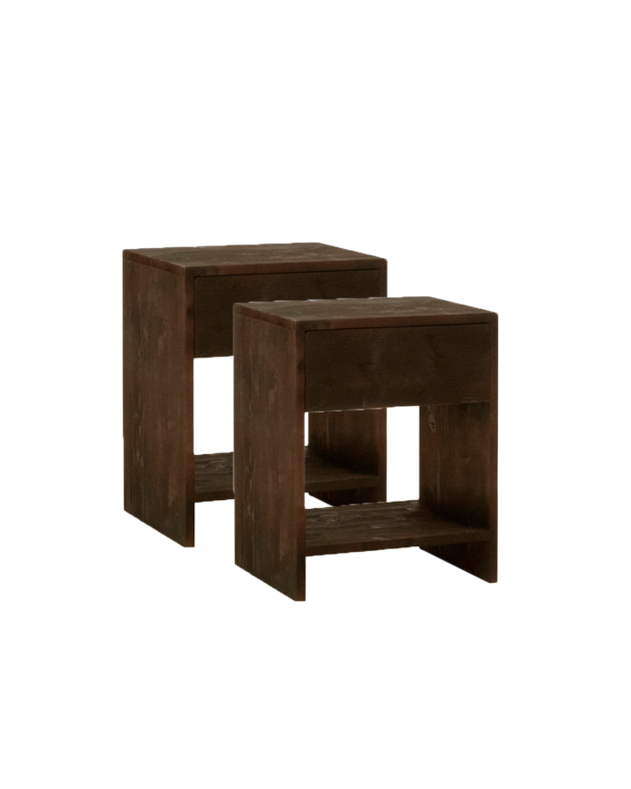 Pacchetto di 2 tavolini in legno massello con un cassetto in tono noce di varie dimensioni