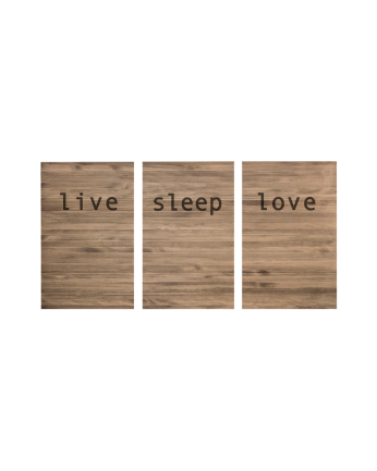 Testiera trittico in legno massello stampata del motivo Live love sleep in tonalità di rovere scuro di varie misure