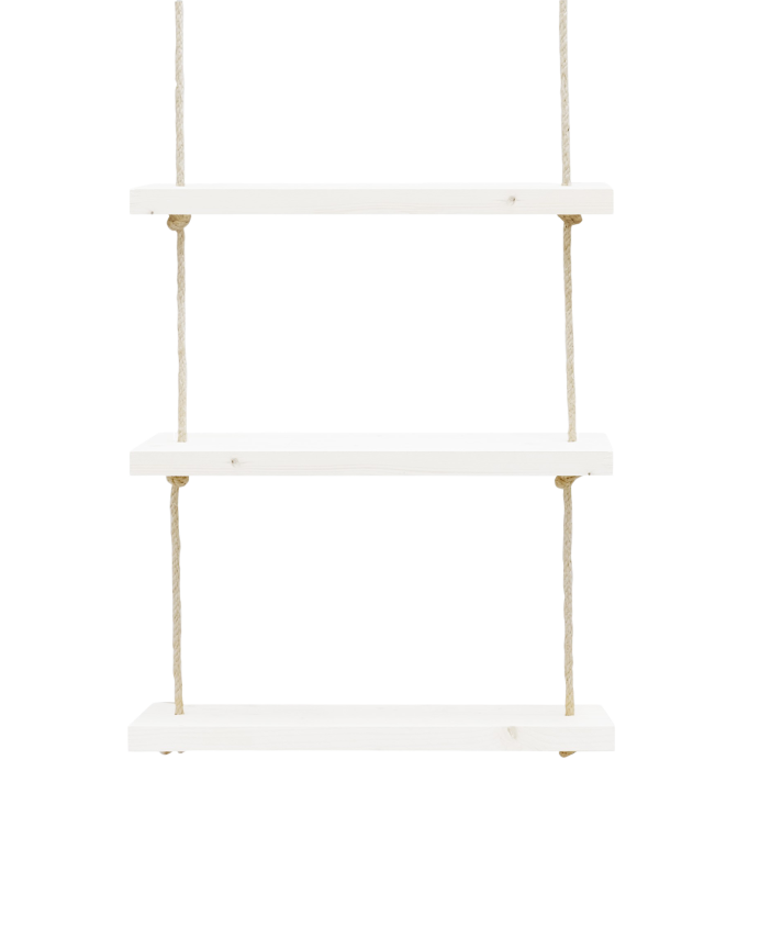 Mensole sospeso realizzato in legno massello e corda di sparto in tonalità bianca di varie misure