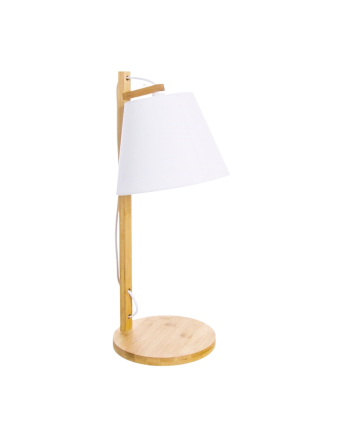 Pacchetto di 2 lampade da tavolo realizzate in legno di bambù con paralume in tessuto bianco.