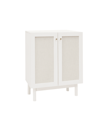 Credenza in legno massello e tessuto di lino a 2 ante in tono bianco 100x80cm