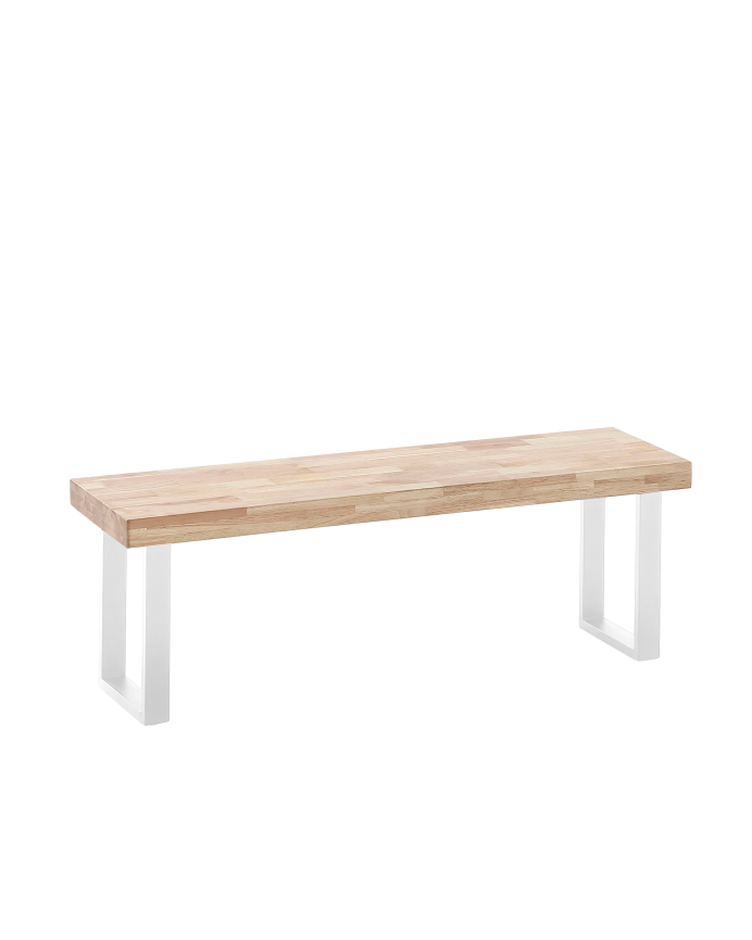 Panca in legno massello colore naturale con gambe in ferro bianche di 47x120cm