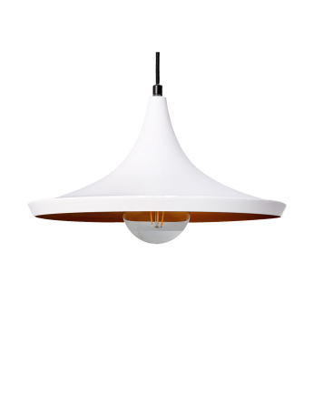 Lampada da soffitto realizzata con alluminio esterno di colore bianco e interno di colore rame.