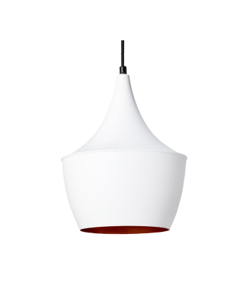Lampada da soffitto realizzata in alluminio esterno di colore bianco e interno di colore rame.
