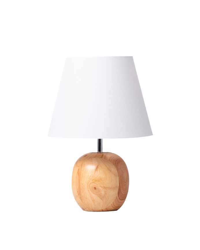 Lampada da tavolo realizzata con base in legno e paralume in tessuto di colore bianco.