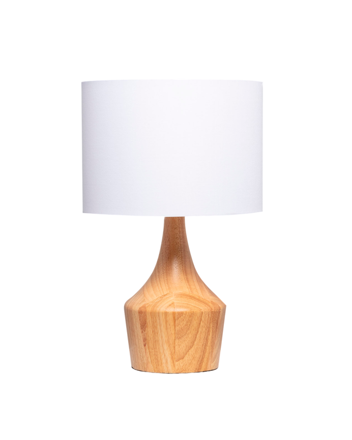 Lampada da tavolo realizzata con base in legno e paralume in tessuto bianco.