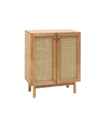 Credenza in legno massello e midollo di rattan a 2 porte in tonalità di rovere scuro di 100x80cm