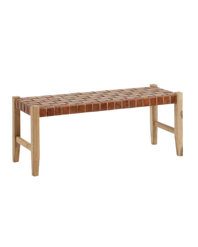 Panca realizzata in pelle e legno di teak 47x120cm