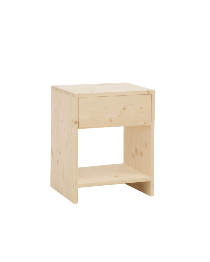 Comodino in legno massello con un cassetto in tonalità naturale di varie dimensioni.