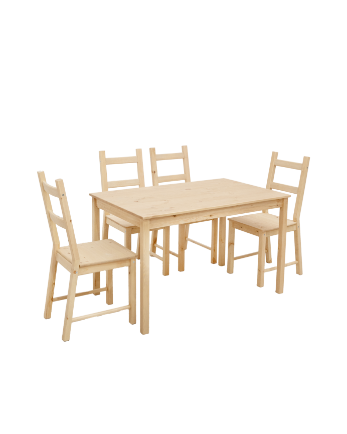 Set tavolo da pranzo e 4 sedie in legno massello in tono di rovere medio da 120cm.