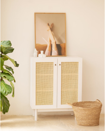 Credenza in legno massello e midollo di rattan a 2 porte in tonalità bianca di 100x80cm