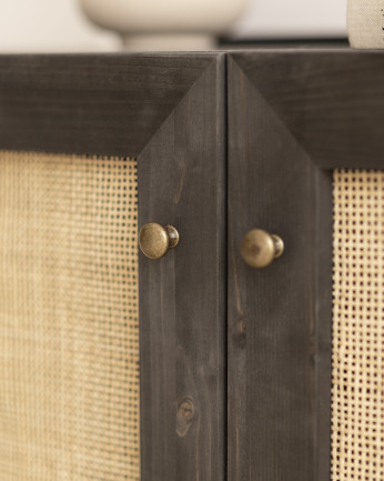 Credenza in legno massello e midollo di rattan a 2 porte in tono nero di 100x80cm