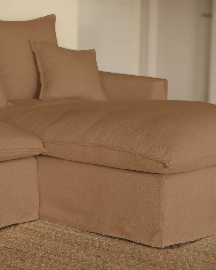 Copridivano con chaise longue destra in cotone e lino colore terracotta in varie misure