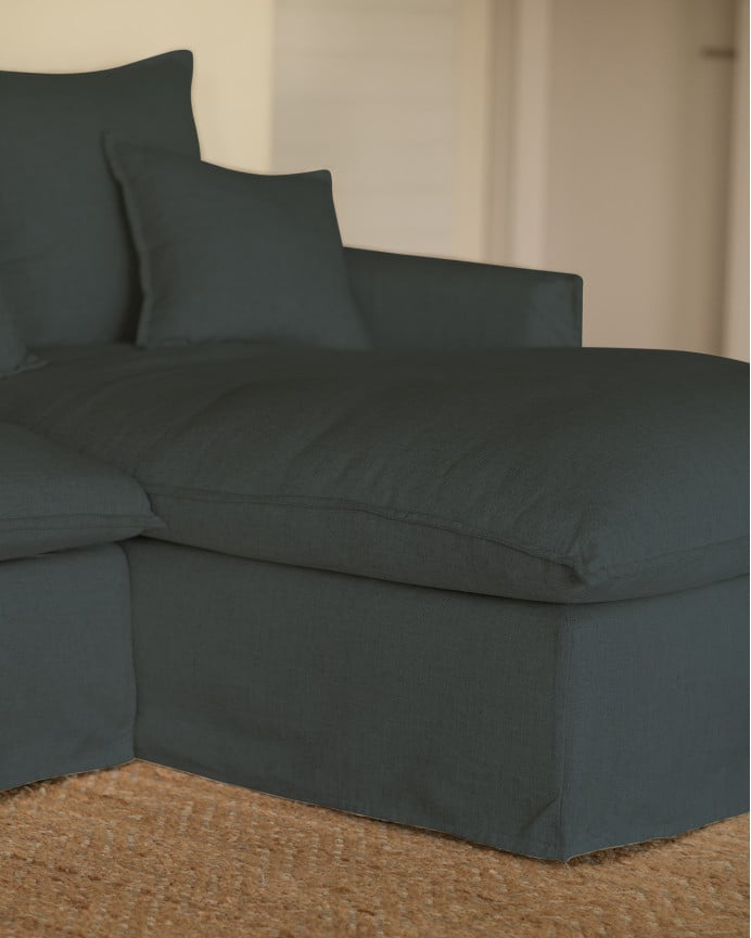 Copridivano con chaise longue destra in cotone e lino colore blu in varie misure