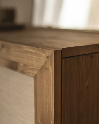 Credenza in legno massello e tessuto di lino a 2 porte in tono rovere scuro di 100x80cm