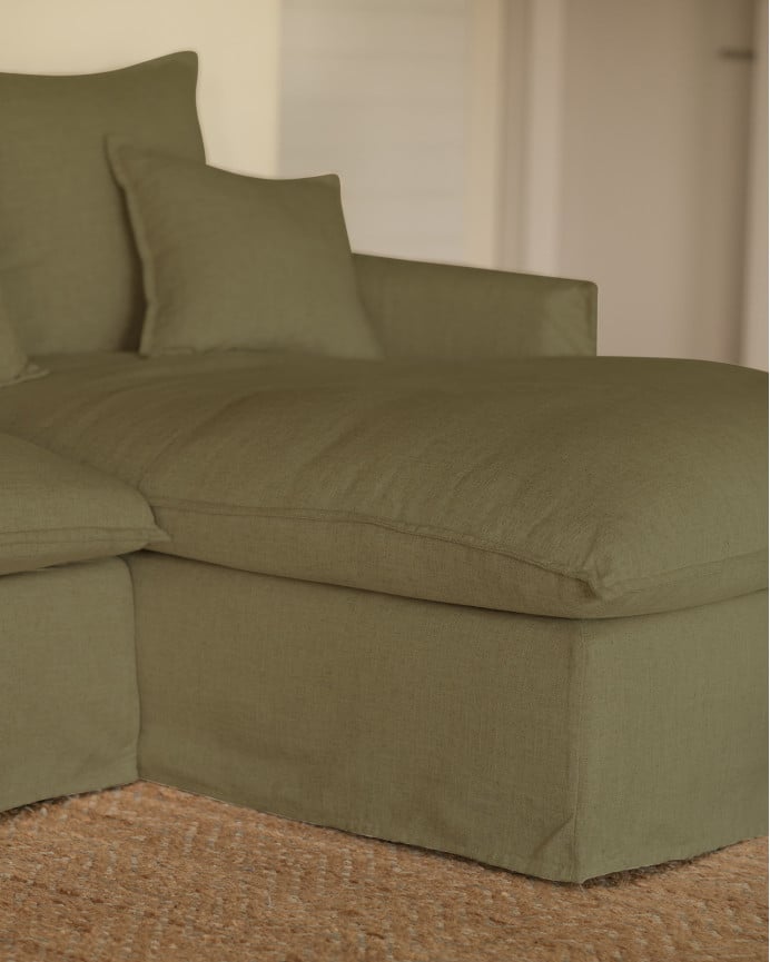 Copridivano con chaise longue destra in cotone e lino colore verde in varie misure