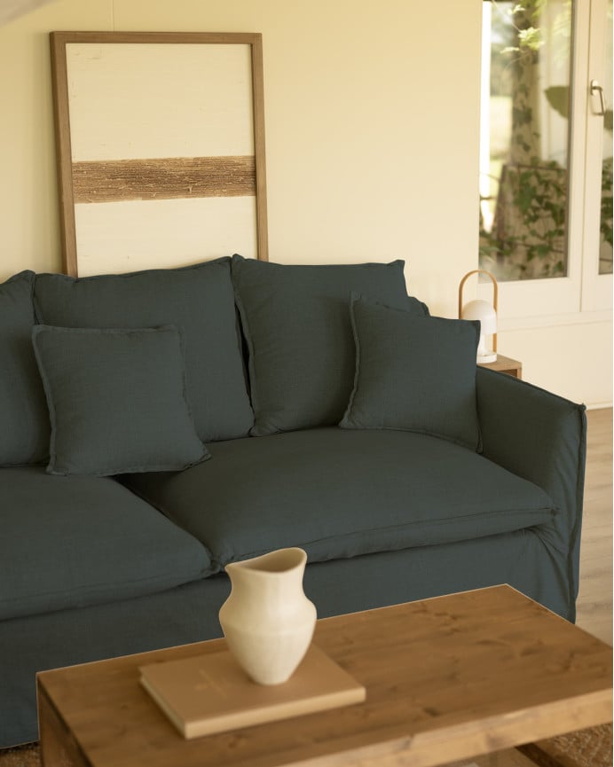 Copridivano con chaise longue sinistro in cotone e lino colore blu in varie misure