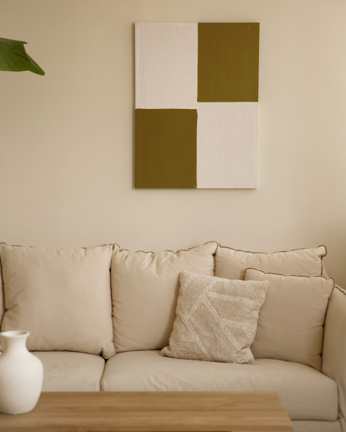 Quadro senape e bianco decorativo su cotone con telaio in legno dipinto a mano con pittura ad olio in varie dimensioni.