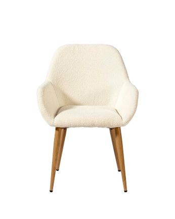 Sedia bouclé di colore bianco con gambe in metallo tonalità rovere di 82cm