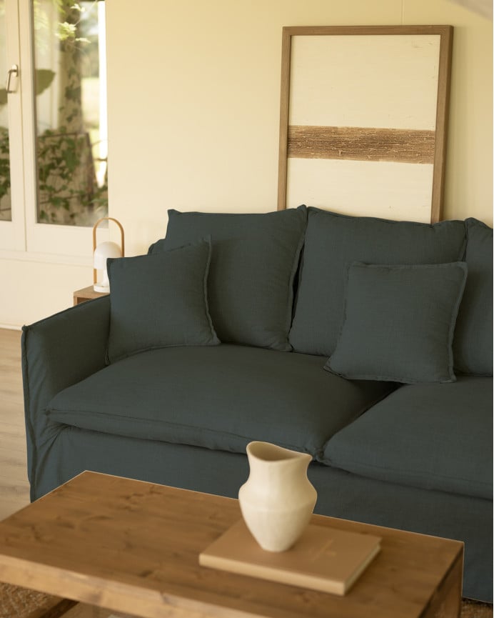 Copridivano con chaise longue destra in cotone e lino colore blu in varie misure