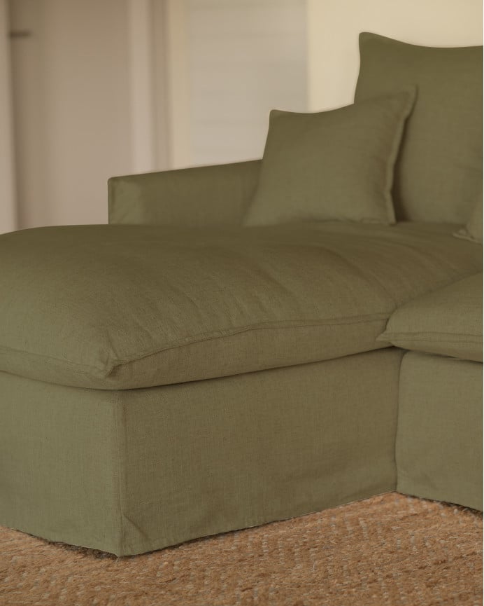 Copridivano con chaise longue sinistro in cotone e lino colore verde in varie misure