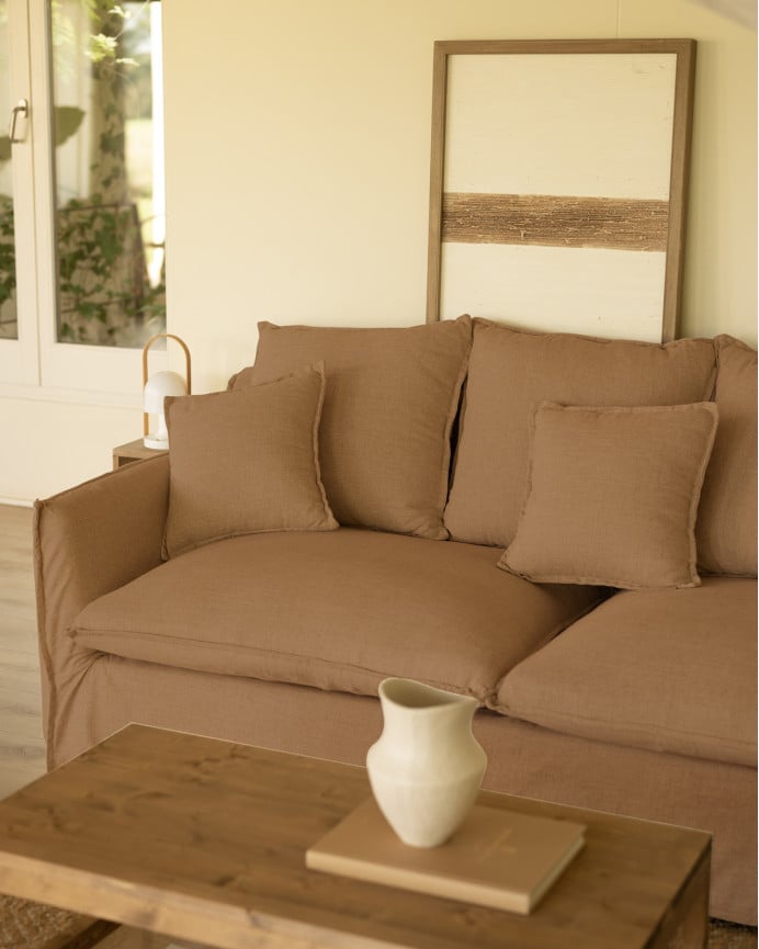 Copridivano con chaise longue destra in cotone e lino colore terracotta in varie misure