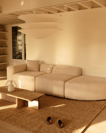 Divano a 3 moduli con curva in bouclé colore beige 320x110cm