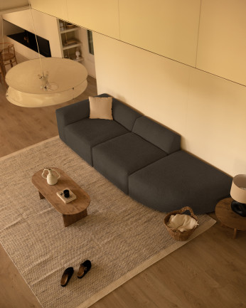 Divano a 3 moduli con curva bouclé in grigio scuro 320x110cm