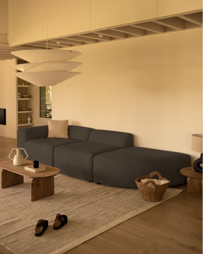 Divano a 3 moduli con curva bouclé in grigio scuro 320x110cm