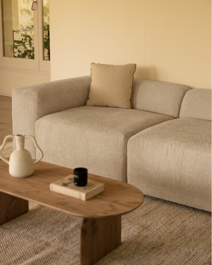 Divano a 4 moduli con curva bouclé in grigio chiaro 410x110cm