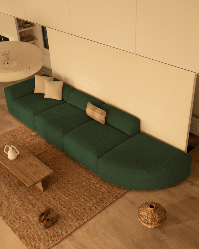 Divano a 4 moduli con curva bouclé in verde 410x110cm