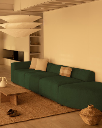 Divano a 4 moduli con curva bouclé in verde 410x110cm