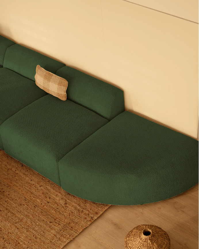 Divano a 4 moduli con curva bouclé in verde 410x110cm