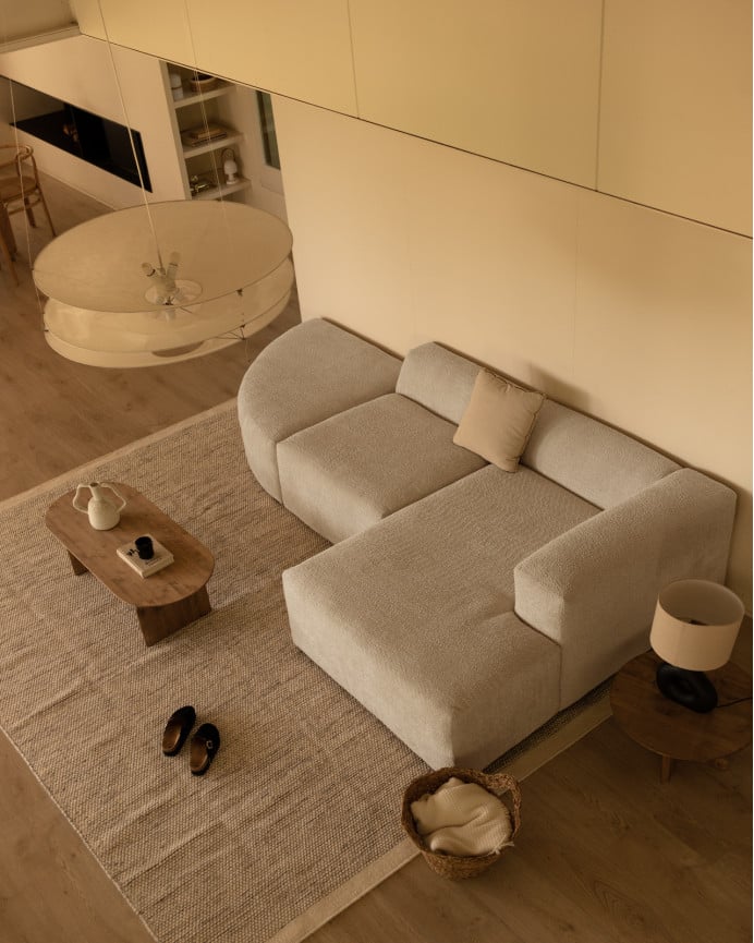 Divano curvo a 3 moduli con chaise longue in bouclé grigio chiaro 320x172cm