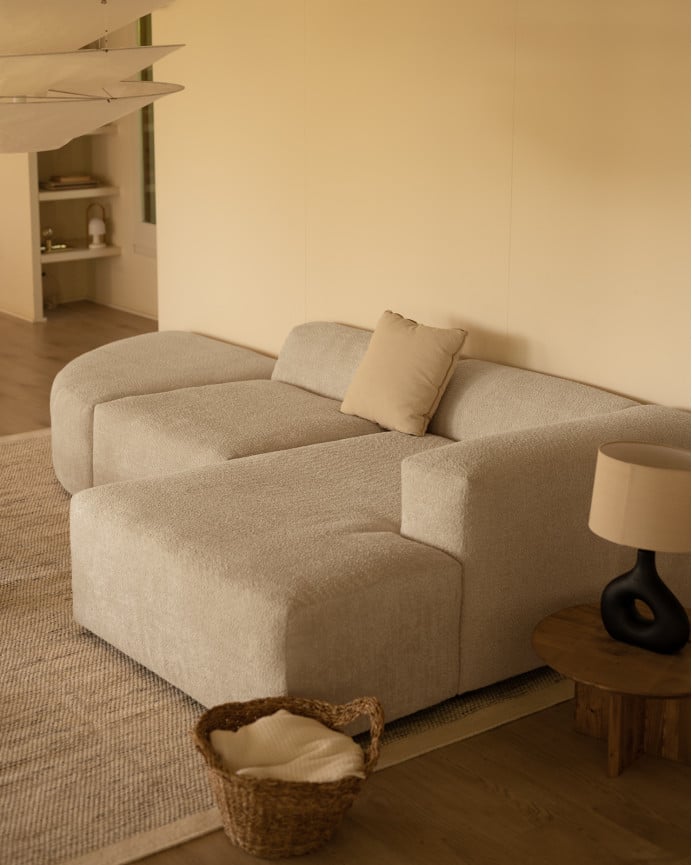 Divano curvo a 3 moduli con chaise longue in bouclé grigio chiaro 320x172cm