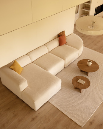 Divano curvo a 4 moduli con chaise longue in bouclé bianco 410x172cm