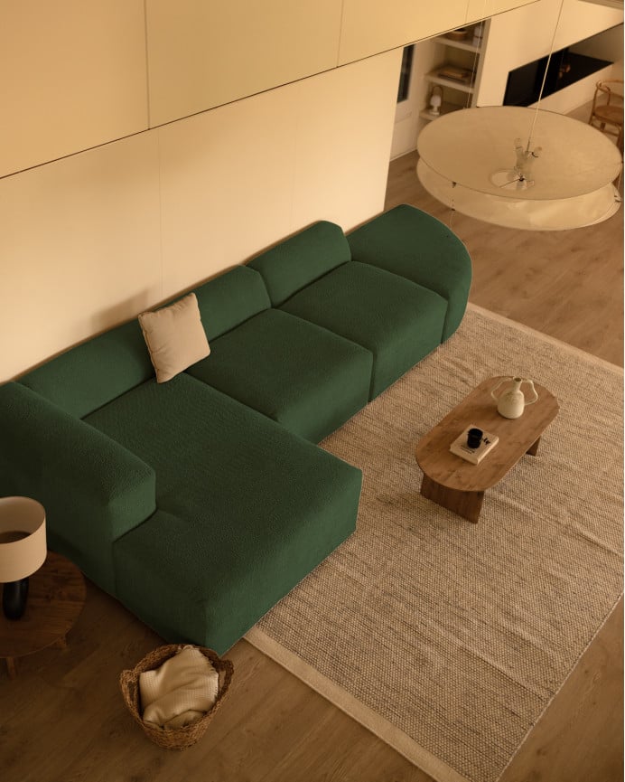 Divano curvo a 4 moduli con chaise longue in bouclé verde 410x172cm