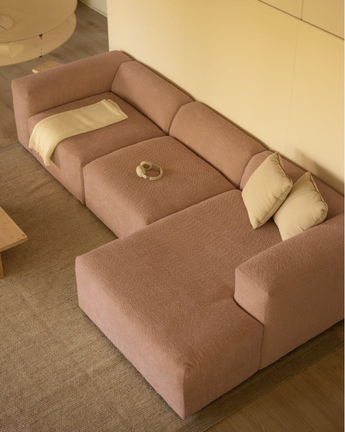 Divano a 3 moduli con chaise longue in bouclé rosa 330x172cm