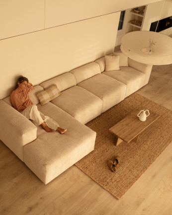 Divano a 4 moduli con chaise longue in bouclé color beige 420x172cm